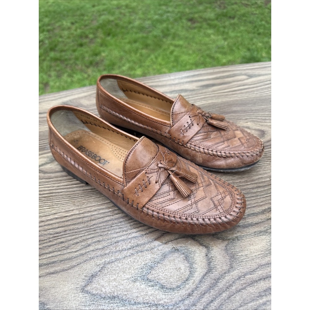 BRASS BOOT Brown Leather Loafers Woven Tassels MENS Sz 9 M Handmade Spain Shoes‎